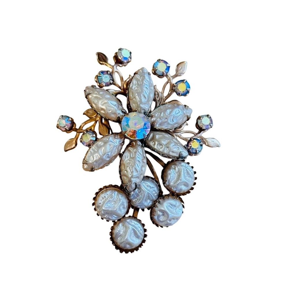 60s Bridal Flower Brooch Pin VTG Baroque Pearl Aurora Borealis Rhinestone Glam